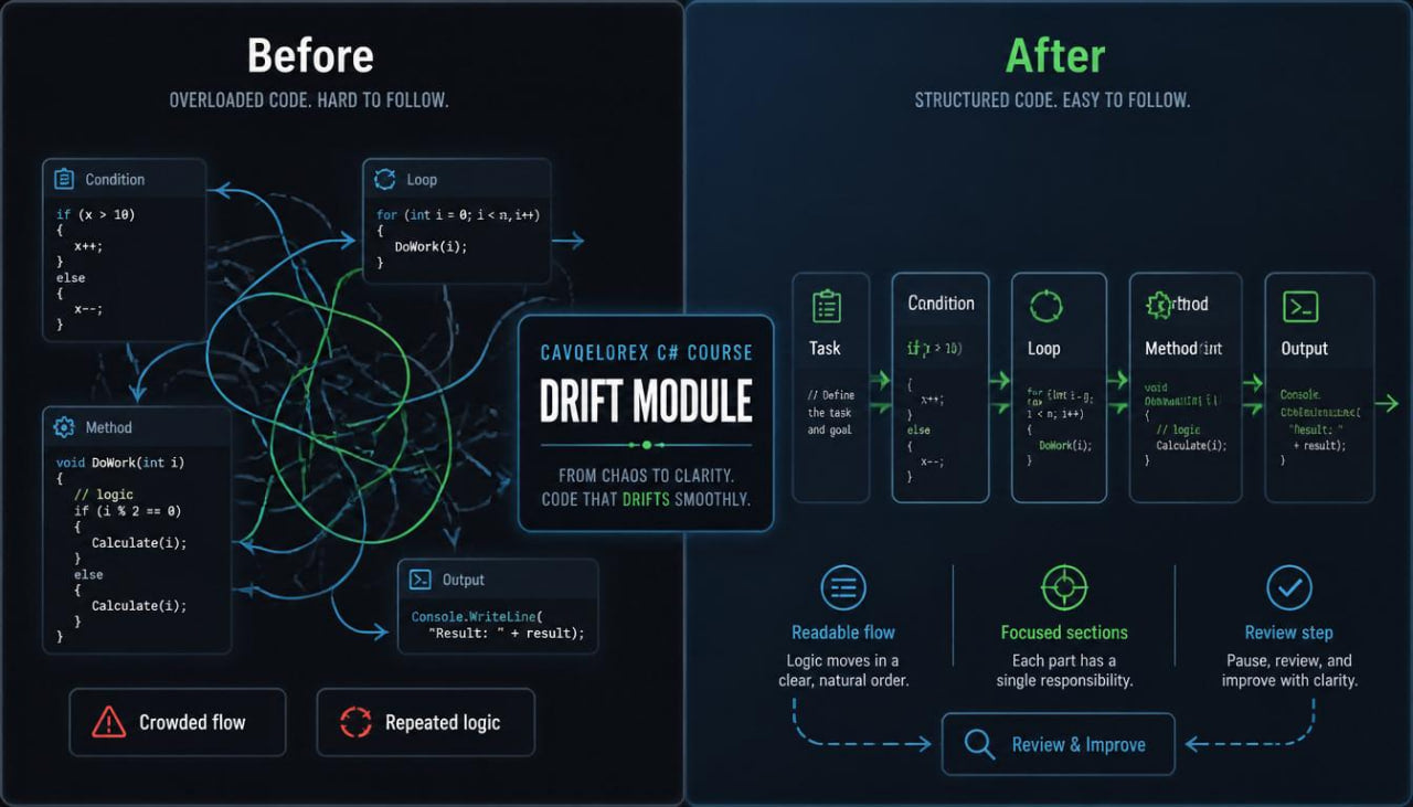 Before and after comparison of code readability with a 'Drift Module' highlighted.