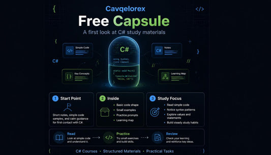 Cavelorex Free Capsule promotional graphic with C# focus on a dark background