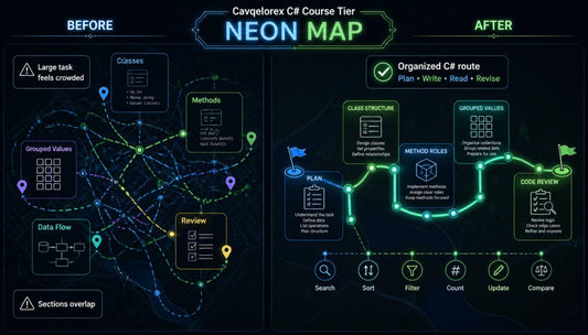 Comparison of a 'Neon Map' before and after organization in a C# course tier.