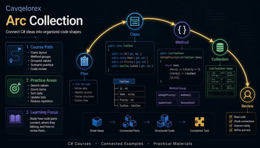 Cavqloresx Arc Collection diagram with code shapes and text on a dark background