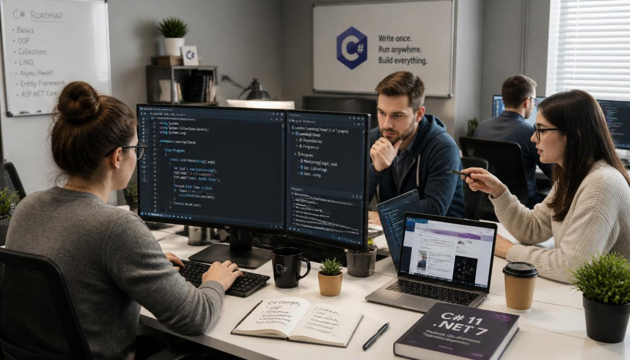 Three people working at a desk with multiple monitors in an office setting.