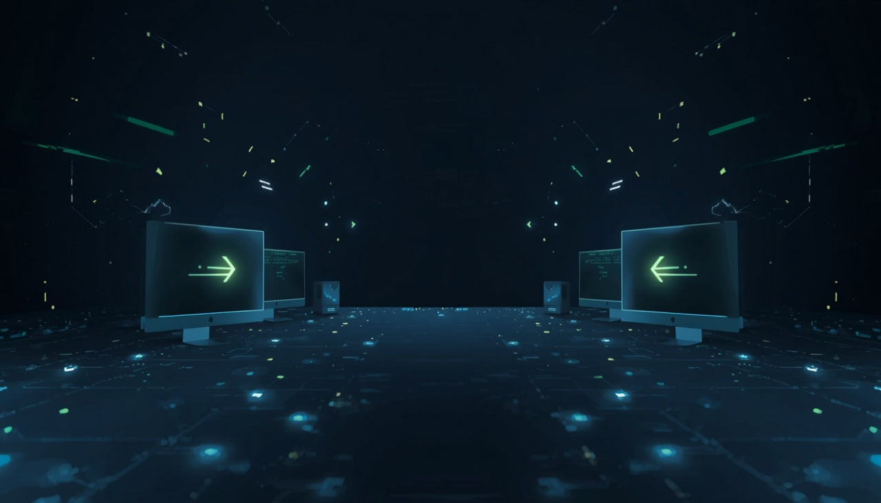 Digital composite of computer monitors with green arrows on a dark background