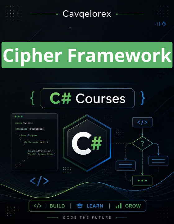 Cover of 'Cipher Framework C# Courses' with coding elements and text on a dark background.
