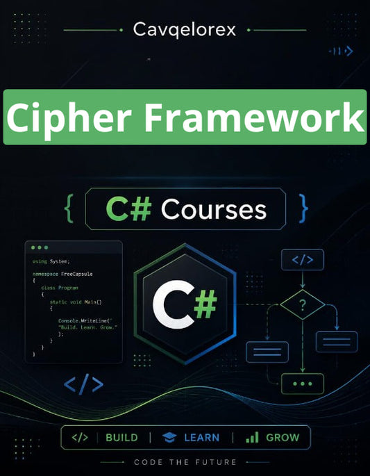 Cover of 'Cipher Framework C# Courses' with coding elements and text on a dark background.