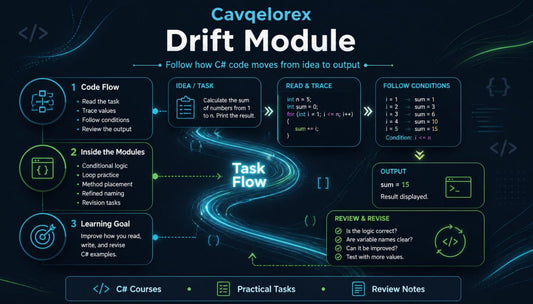 Cavqelorex Drift Module diagram with code flow and task flow on a dark background