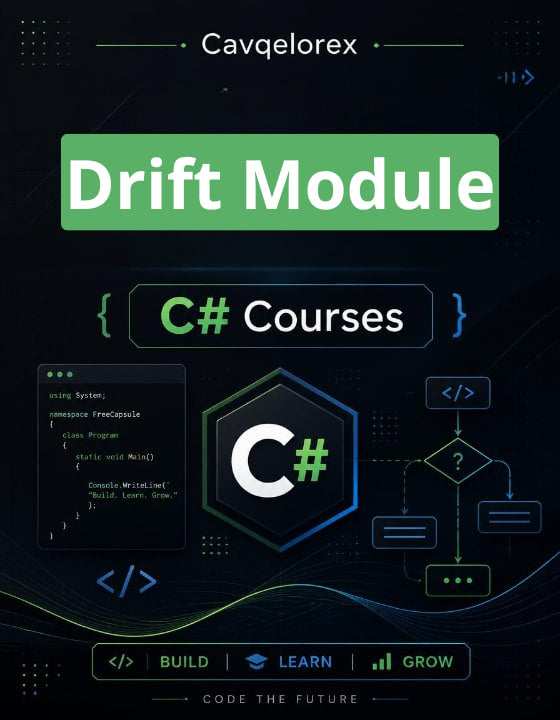 Cover of a book titled 'Drift Module C# Courses' by Cavqelorex with technical graphics and code snippets on a dark background.