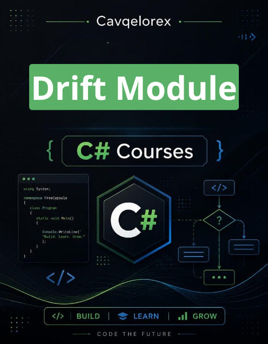Cover of a book titled 'Drift Module C# Courses' by Cavqelorex with technical graphics and code snippets on a dark background.