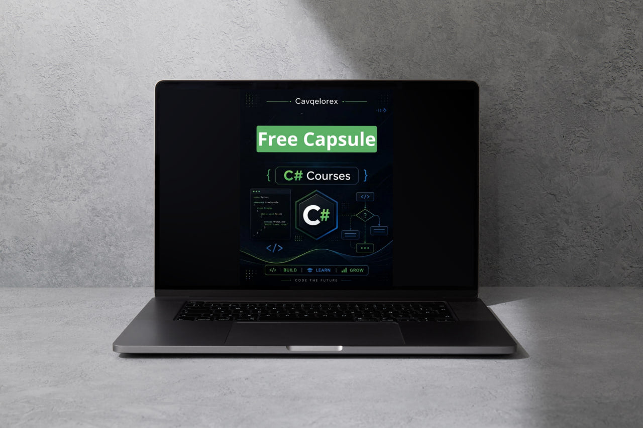 Laptop displaying a C# courses offer on a gray background