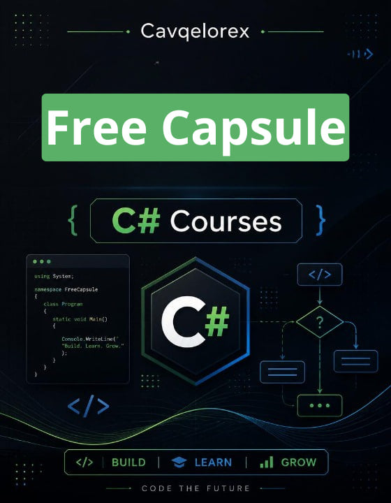 Promotional graphic for C# courses with technical icons and text on a dark background