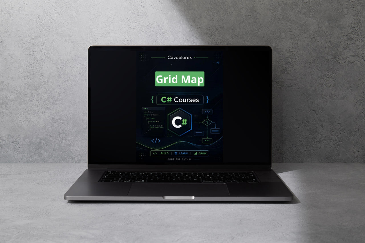 Laptop displaying a C# courses interface on a gray background