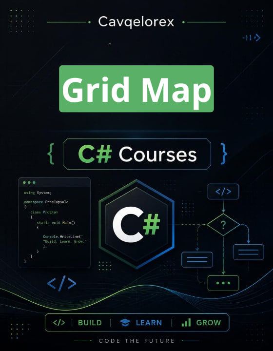 Cover of a book titled 'Grid Map C# Courses' by Cavqelorex with technical graphics and text on a dark background.