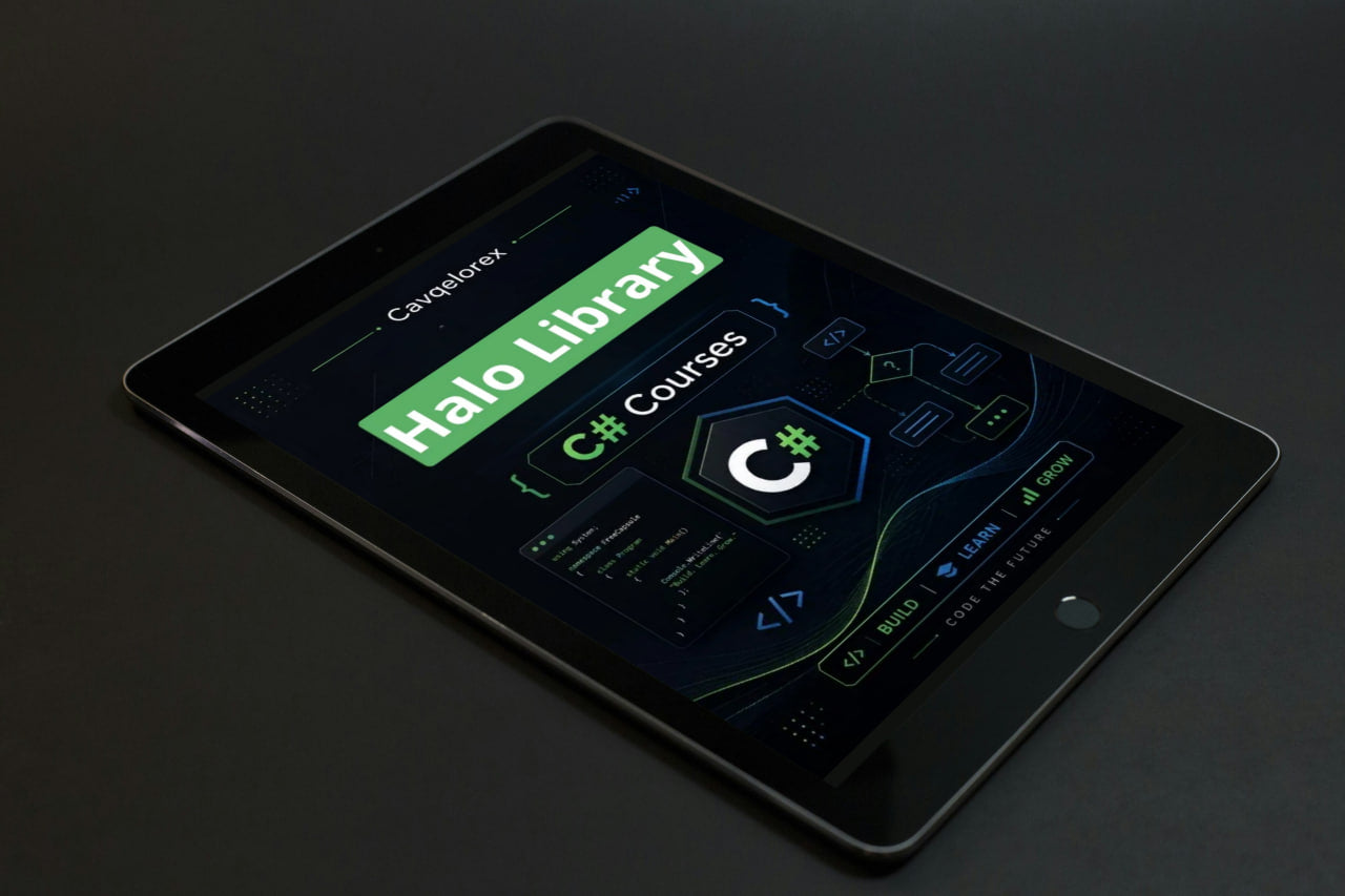Tablet displaying a software interface with 'Halo Libran' and 'C# Courses' on a dark background