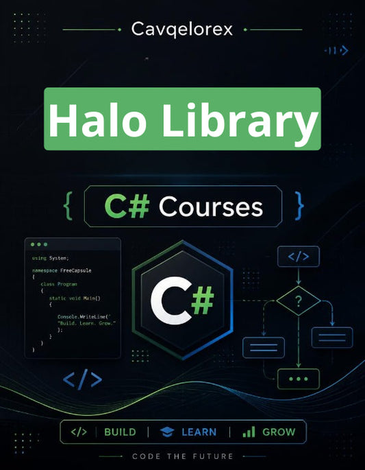 Cover of 'Halo Library C# Courses' with coding elements and text on a dark background