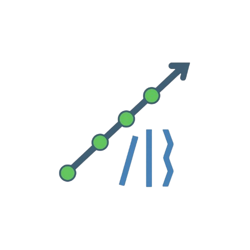 Graphical icon with a line with green dots and blue symbols on a white background