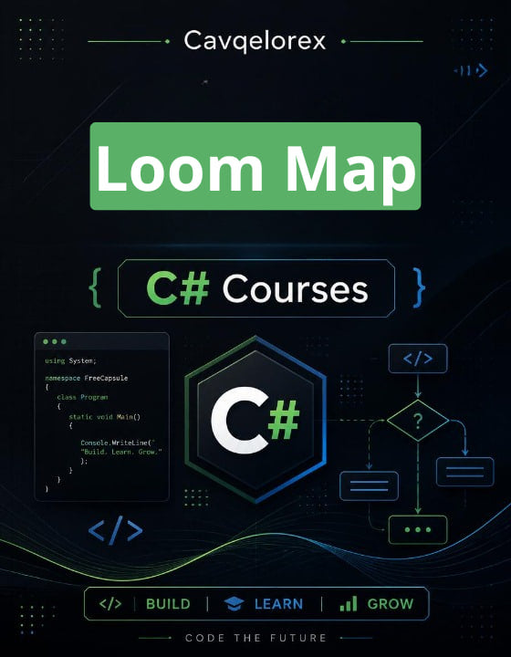 Cover of 'Loom Map C# Courses' by Cavqelorex with technical graphics and text on a dark background.