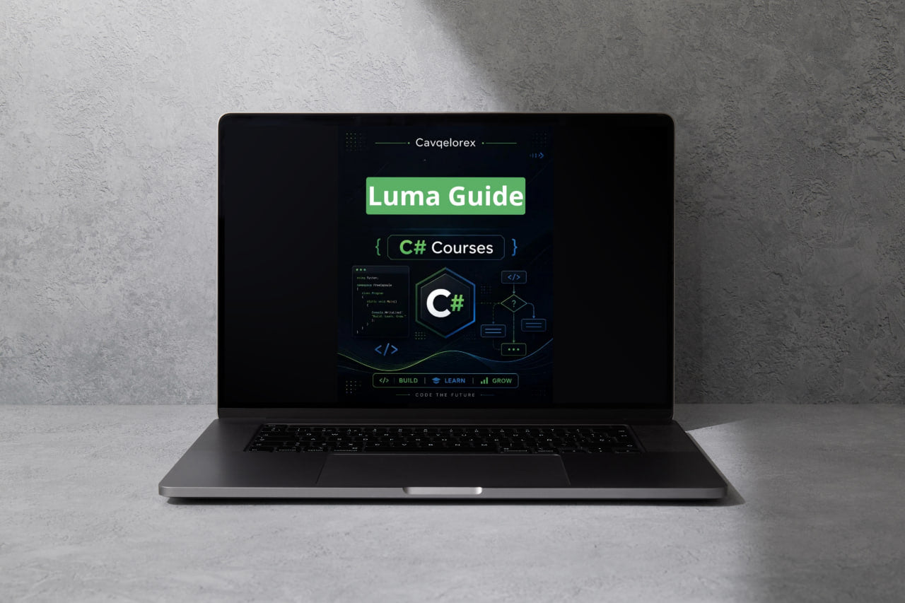 Laptop displaying C# courses on a gray background