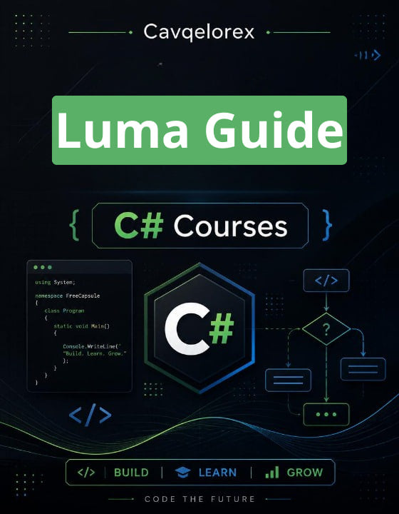 Cover of 'Luma Guide C# Courses' by Cavqelorex with programming elements and text on a dark background.
