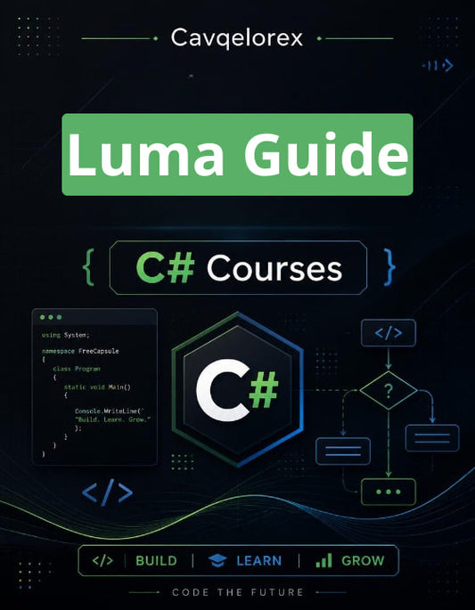 Cover of 'Luma Guide C# Courses' by Cavqelorex with programming elements and text on a dark background.