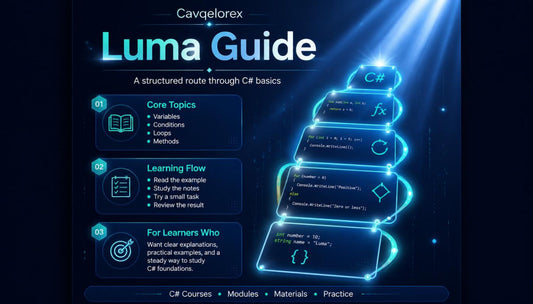Cavqelorex Luma Guide for C# programming with glowing text and icons on a dark background
