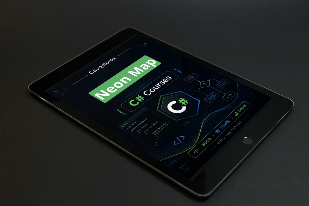 Tablet displaying a software interface with 'Neon Map' and 'C# Courses' on a dark background