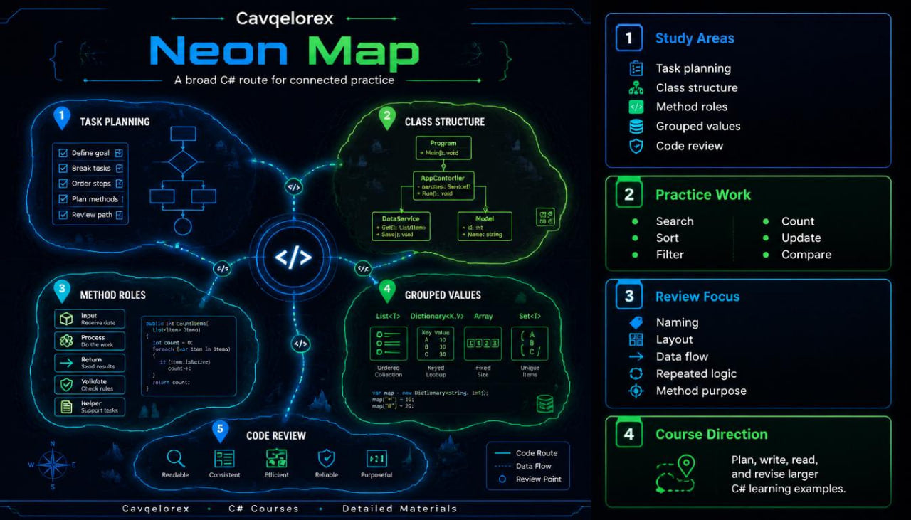 Cavgelorex Neon Map software interface with navigation and practice work features.