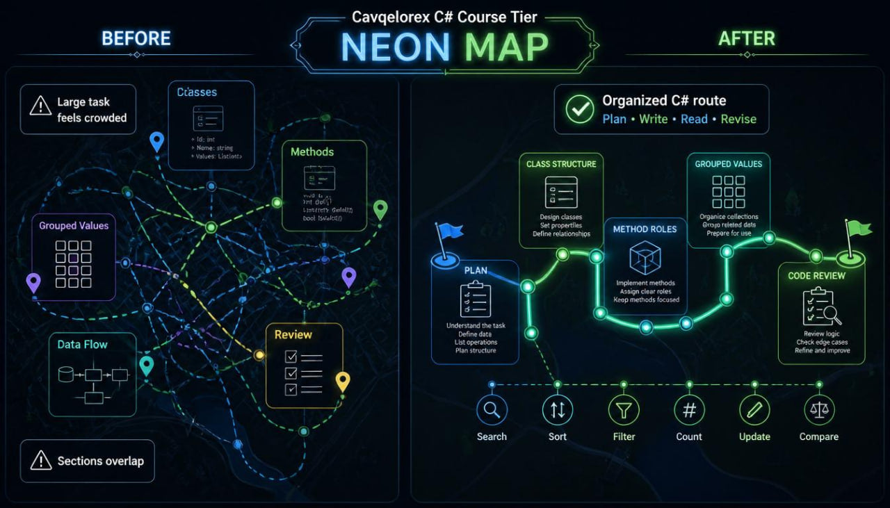 Comparison of a 'Neon Map' before and after organization in a C# course tier.