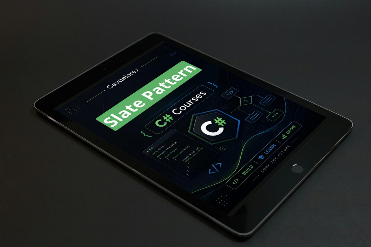 Tablet displaying a coding interface with 'C# Courses' on a dark background
